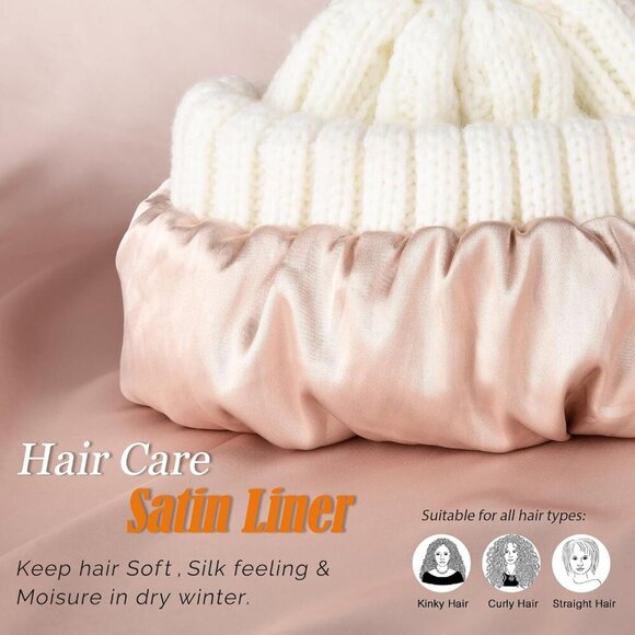 Women\'s White Winter Beanie Hat Satin Lined Faux Fur Pom Pom Beanies Hat main image 4